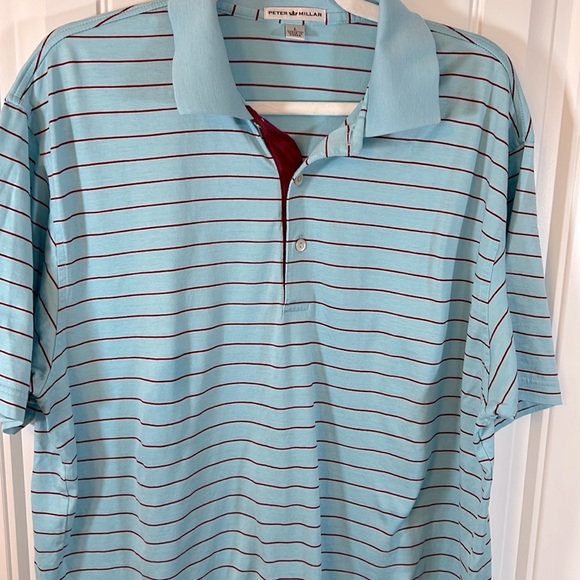 Peter Millar golf polo T-shirt size Large “ceramic” blue with burgundy stripes - Picture 4 of 11